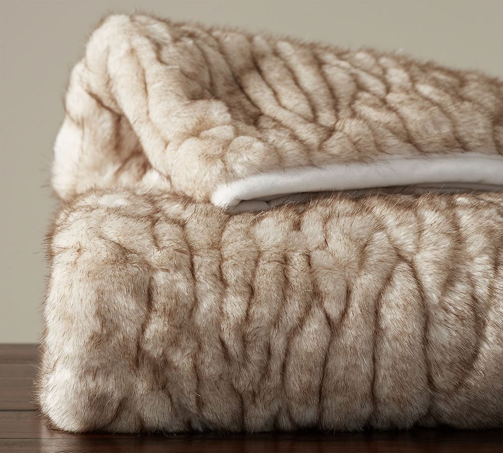 Gathered Faux Fur Throw Blanket - Ivory Tipped | Pottery Barn