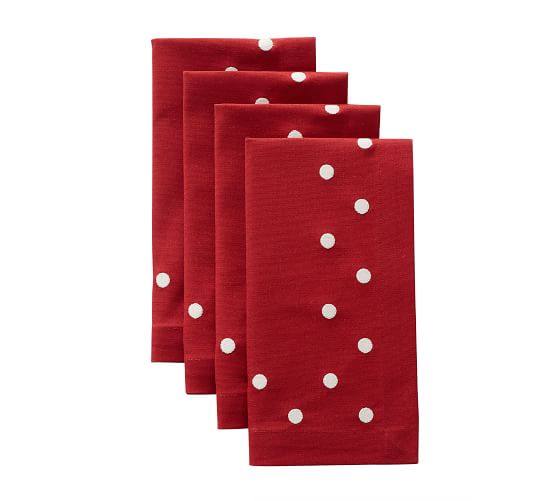 Pottery Barn Polka Dot Embroidered Cocktail Napkins Set of 4 Red & White New