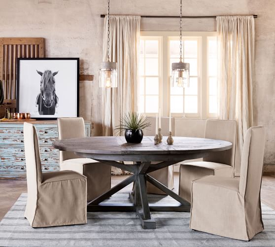 Hart Round Reclaimed Wood Pedestal Extending Dining Table Pottery Barn Hart Round Reclaimed Wood Pedestal, Black Wood Round Dining Table And Chairs