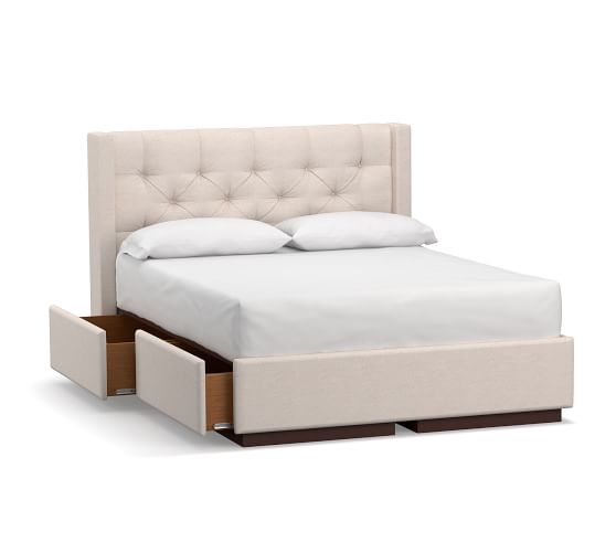 Harper Tufted Upholstered Low Storage, White Upholstered Headboard Platform Bed