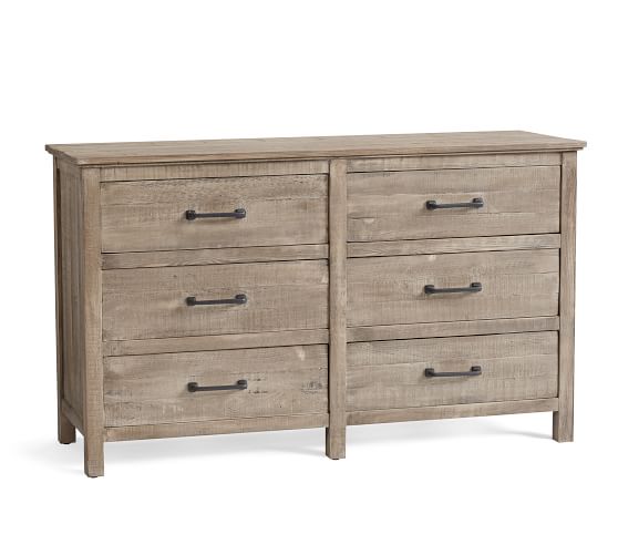 Paulsen Reclaimed Wood 6 Drawer Wide, Gray Distressed Wood Dresser