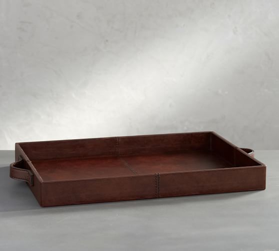 Small, Beige Linen Texture UnionBasic PU Leather Serving Tray with Handle