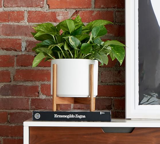 K&K Interiors 16581A-WH Set of 3 Modern White Ceramic Pots on Wooden Stands K&K Interiors 16581A-WH Set of 3 Modern White Ceramic Pots on Wooden Stands
