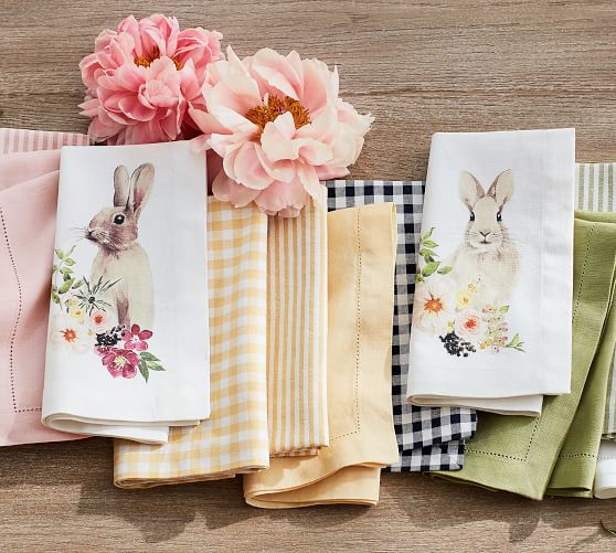 Bunny Hill Farms Yellow Floral Bunny Rabbit Cloth Napkins Set of 4