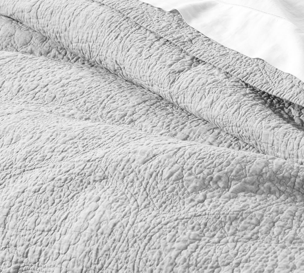 White Belgian Flax Linen Floral Stitch Quilt & Sham | Pottery Barn