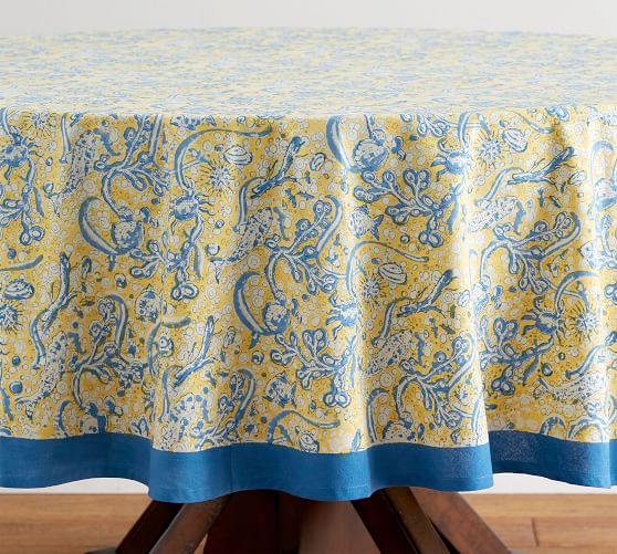 La Mer Block Print 70 Round Tablecloth, 70 Round Tablecloth Cotton