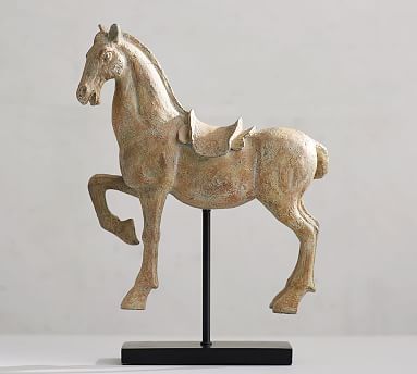 Antiqued White Horse Sculpture on Wooden Plinth Horse Ornament Statue