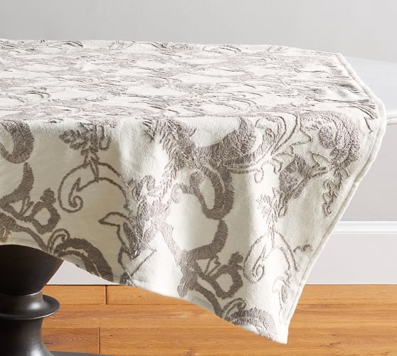 Quinn Paisley Embroidered Cotton Linen, Pottery Barn Round Tablecloth