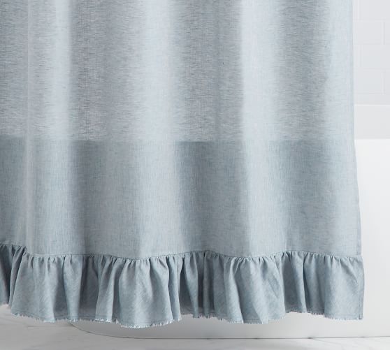 Belgian Flax Linen Ruffle Shower, Light Blue Ruffle Shower Curtains