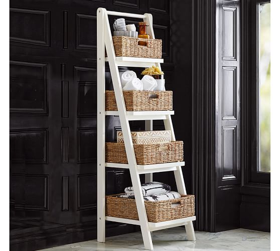 Ainsley Ladder Floor Storage Pottery Barn, Leaning Bookcase With Storage Bins