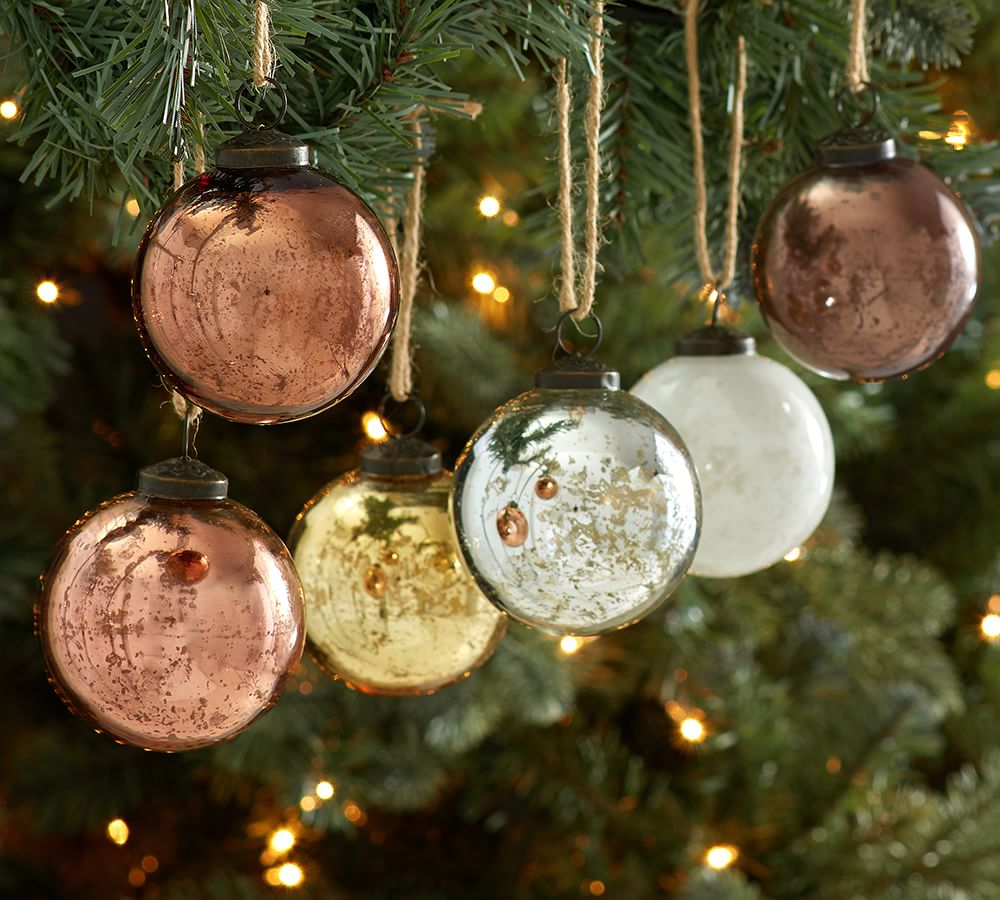 Natural Tone Mercury Glass Ball Christmas Ornaments Set of 6