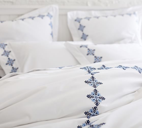 Tile Embroidered Organic Percale Duvet, Pottery Barn Pearl Embroidered Duvet Cover