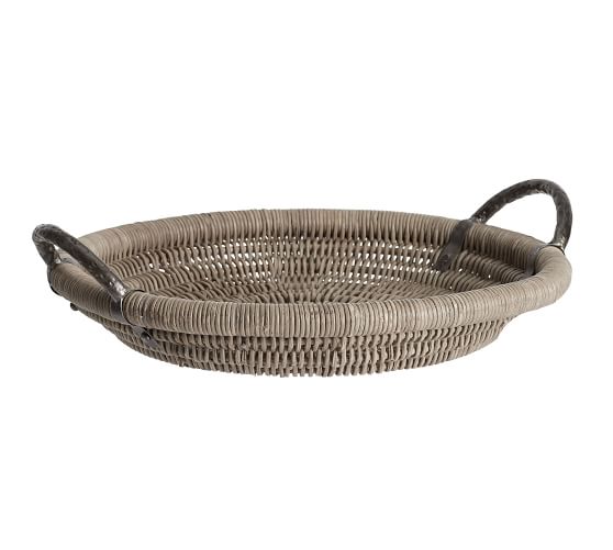 Round Woven Decorative Tray With, Large Round Basket Tray With Handles