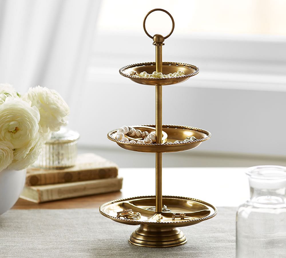 3 Tier Jewellery Stand in Silver Colour with Wooden Base 