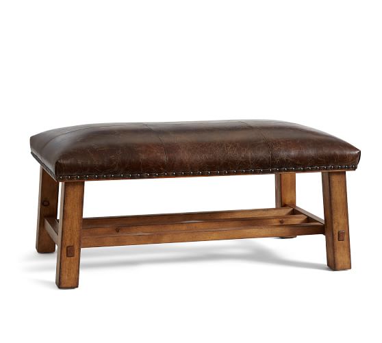 Caden Petite Leather Ottoman Pottery Barn, Vintage Leather Bench With Back Support