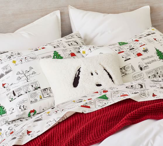 POTTERY BARN KIDS Peanuts Snoopy Holiday TWIN Flannel Sheets 3 pc Set NEW 