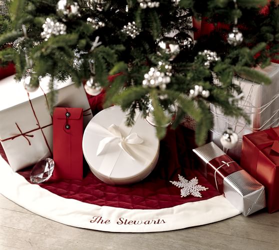 Williams Sonoma Embroidered  Christmas TREE SKIRT ~ NEW RED VELVET~ 60" Diameter 