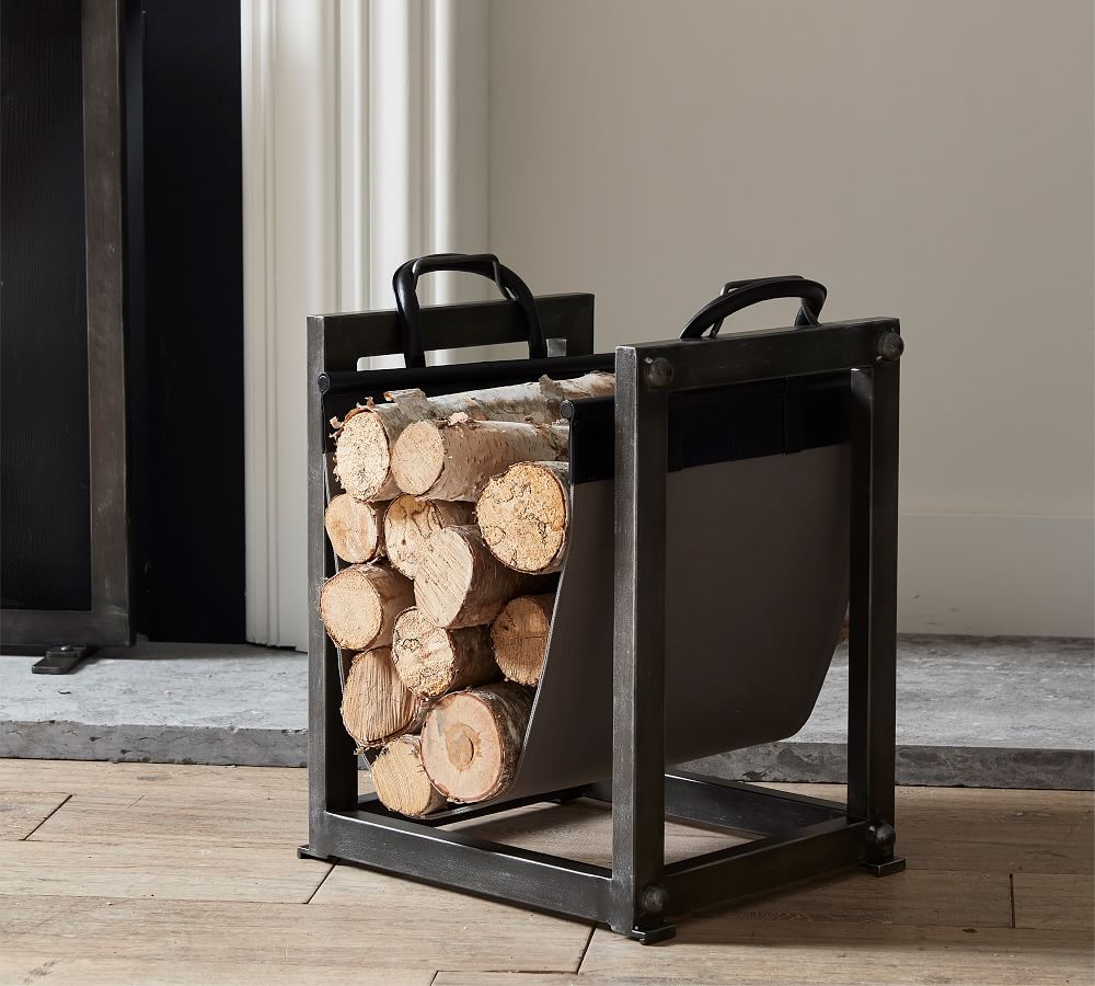 Firewood Log Storage Rack Indoor Fireplace Iron Holder with Canvas Tote Carrier 