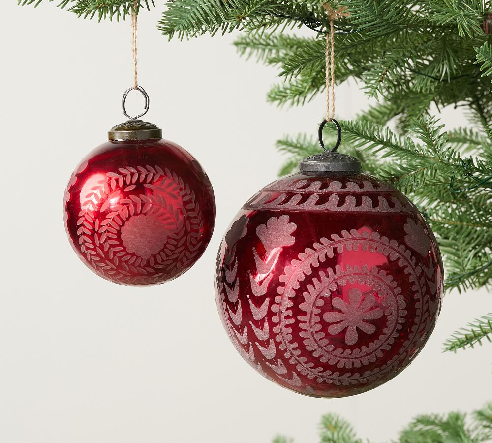 Etched Mercury Glass Ornament Sets - Red | Pottery Barn