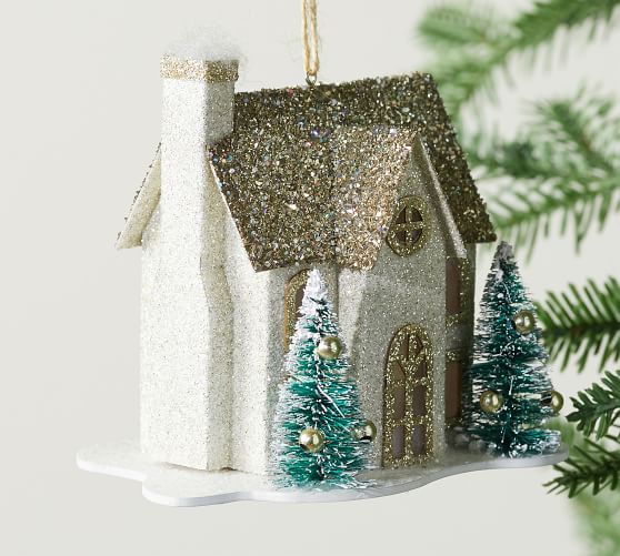 Lit German Glitter House Christmas Ornament Pottery Barn - Pottery Barn Christmas Decorations Home