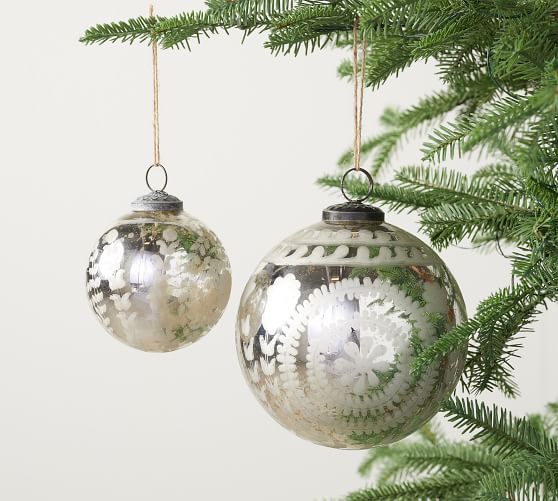NEW POTTERY BARN Christmas MERCURY ETCHED Silver Ornament BALL 4” width Lovely 