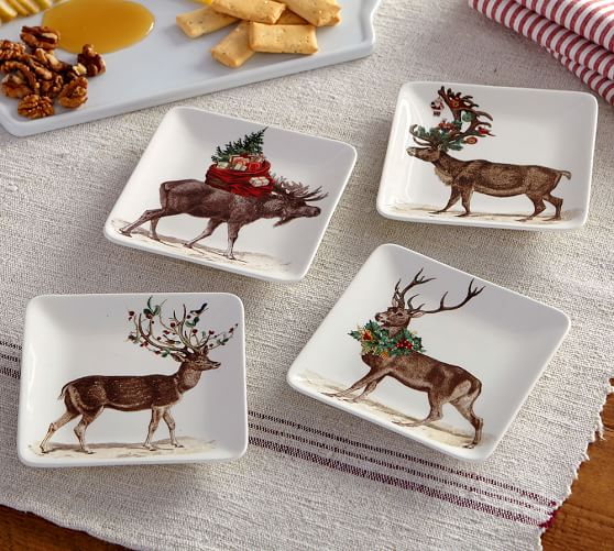 farmhouse S4 NEW Pottery Barn Christmas SILLY STAG Reindeer Appetizer Plates 