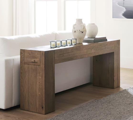 Raymond 72 Reclaimed Wood Console, Contemporary Sofa Table With Stools
