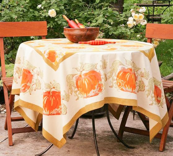 Pumpkin Printed Cotton Round Tablecloth, Pottery Barn Round Tablecloth