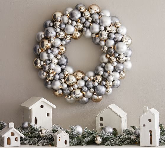 Pre-Lit Faux Frosted Pine and Ornament Wreath & Garland | Pottery Barn