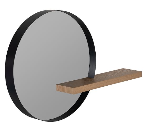 Norah Wall Round Mirror With Wood, Wooden Circle Mirror With Shelf