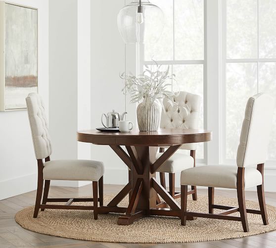 Benchwright Round Pedestal Extending Dining Table Pottery Barn Benchwright Round Pedestal Extending, What Size Rug For A 60 Inch Round Table