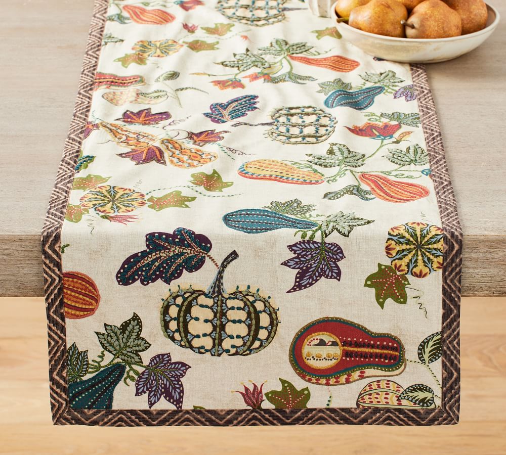 Aldo Pumpkin Embroidered Cotton/Linen Table Runner Pottery Barn