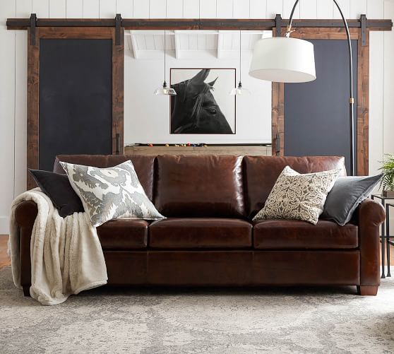 Cameron Roll Arm Leather Sofa Pottery, Caramel Leather Sofa And Loveseat