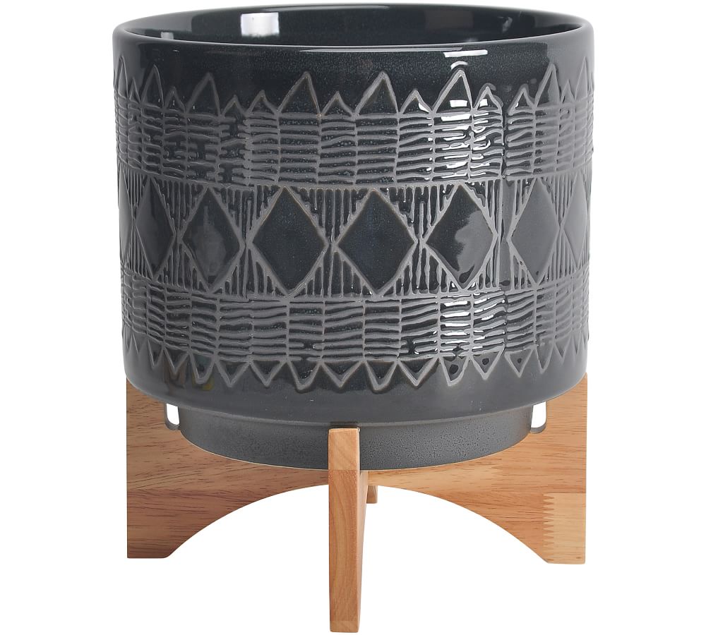 Paloma Textured Ceramic Planter on Wooden Stand | Pottery Barn