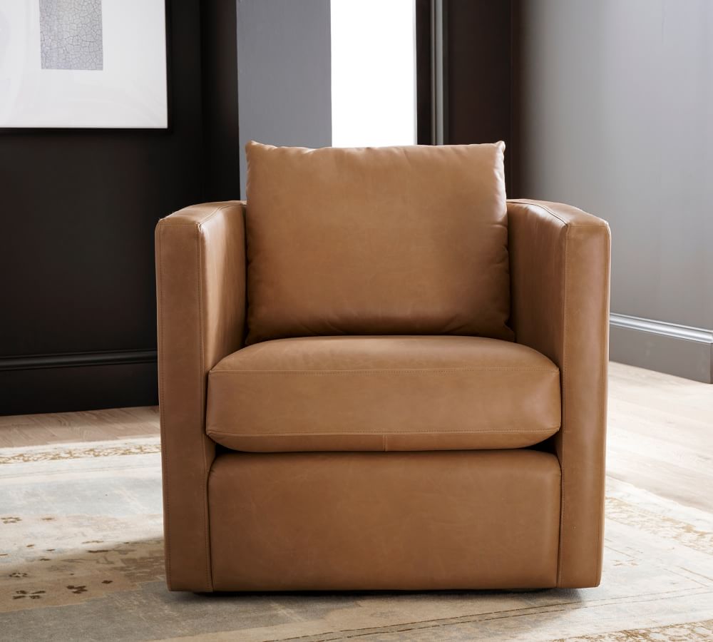 Ayden Barrel Back Leather Swivel Armchair Pottery Barn