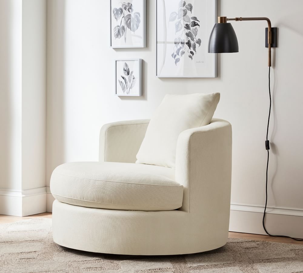 Balboa Upholstered Grand Swivel Armchair, Polyester Wrapped Cushions, Twill White Pottery Barn