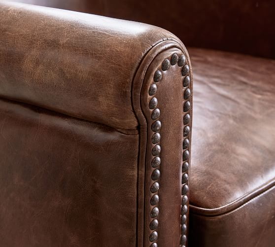 irving roll arm leather recliner with nailheads