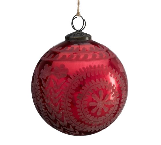 Red Glass Mini Bauble Snowflake Etched Vintage Small Mercury Xmas Decoration 