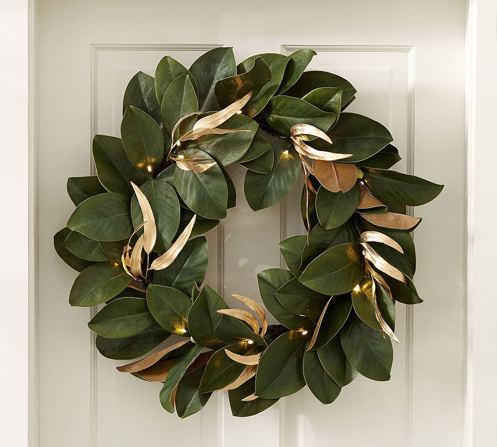 Pre-Lit Gold-Leaf Magnolia Wreath & Garland | Pottery Barn