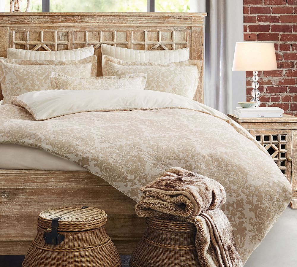 Gray Jacquard Linen Medallion Cotton Patterned Duvet Cover & Sham