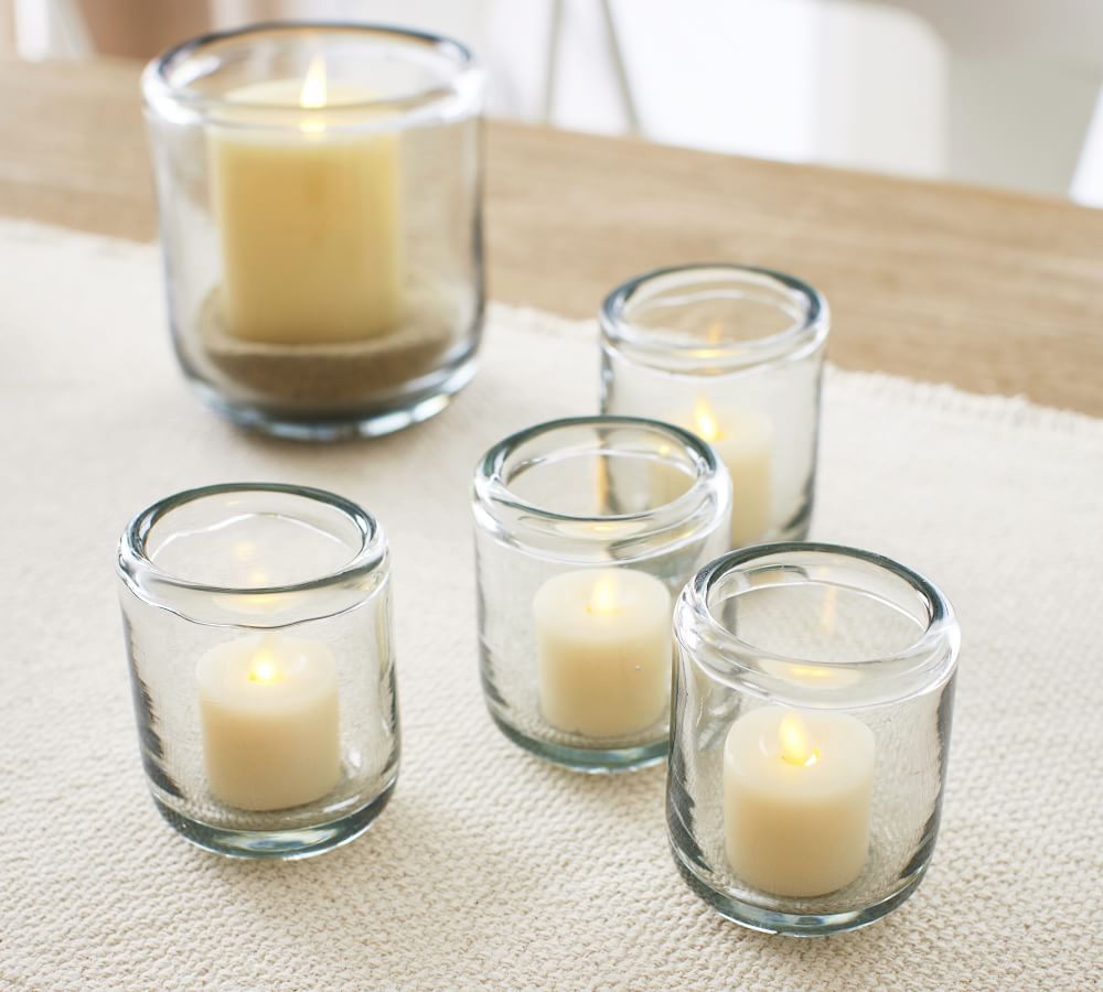 Brie Rolled Edge Recycled Glass Hurricane Candleholders | Pottery Barn