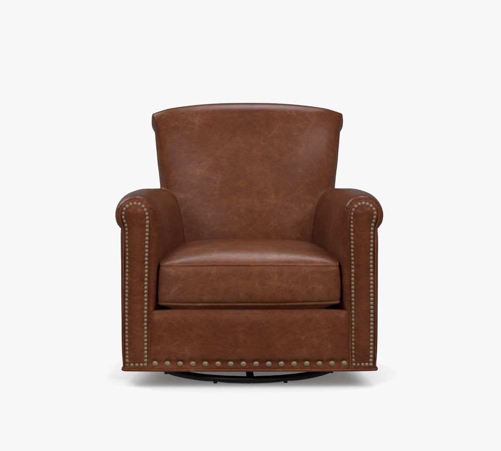 Irving Roll Arm Leather Swivel Glider with Nailheads Pottery Barn