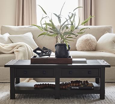 Benchwright 54 Rectangular Coffee, Gray Washed Decorative Carved Wood Coffee Table