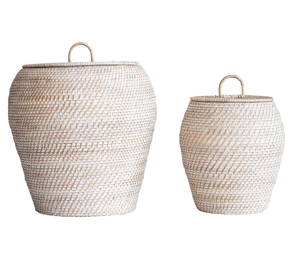 Bruno White Rattan Baskets With Lids, Set of 2 | Pottery Barn