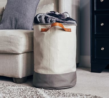 Grey Round Canvas Storage Basket With Handles Rustic Style Laundry Hamper Trug 