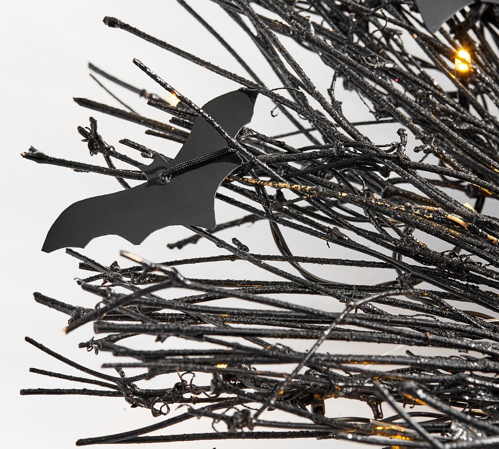 PreLit Black Glitter Branch Wreath with Bats Pottery Barn