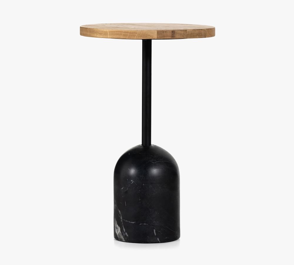 Sleek Black Marble and Oak Round Pedestal Accent Table