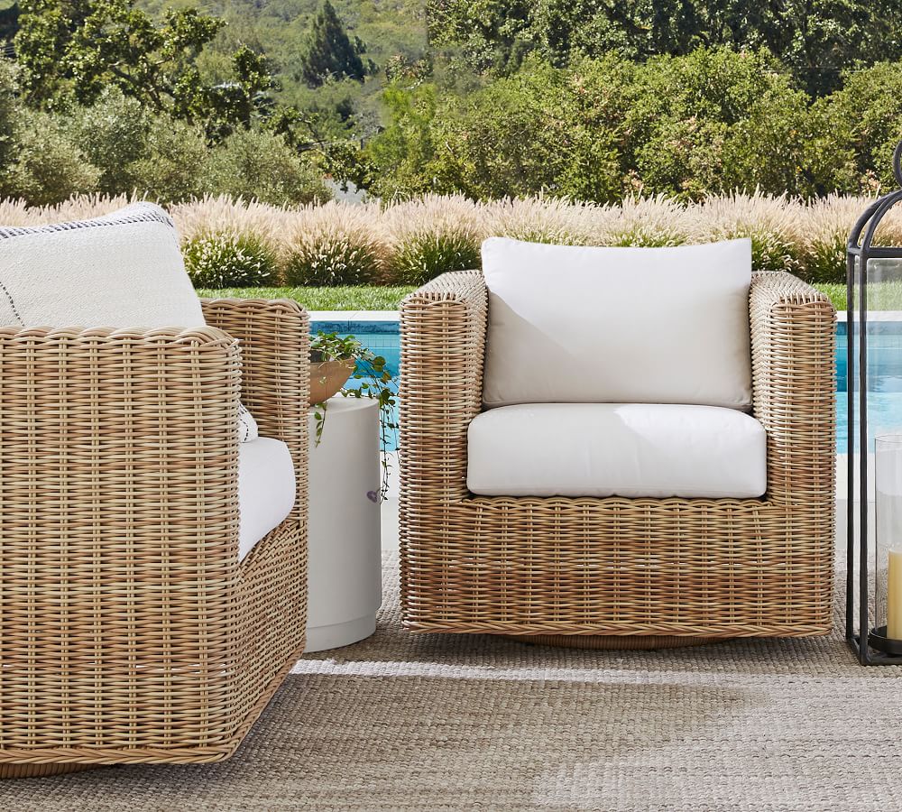 Huntington All-Weather Wicker Square Arm Swivel Lounge Chair | Pottery Barn