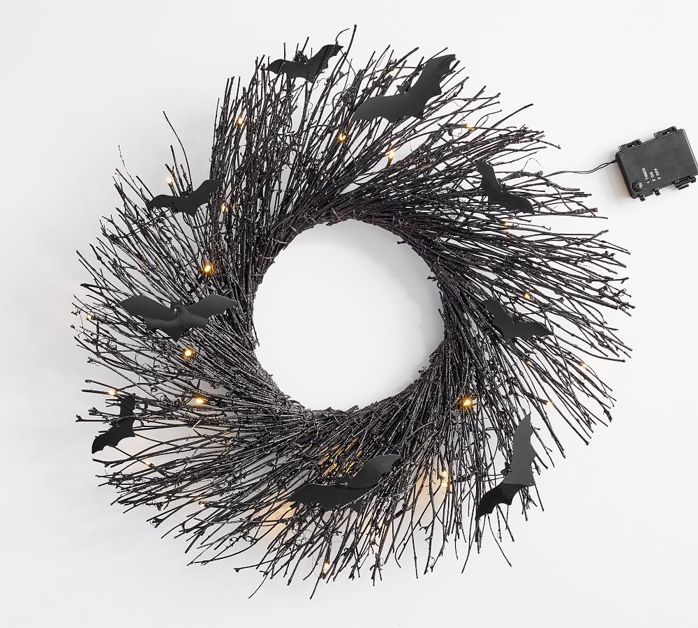 PreLit Black Glitter Branch Wreath with Bats Pottery Barn