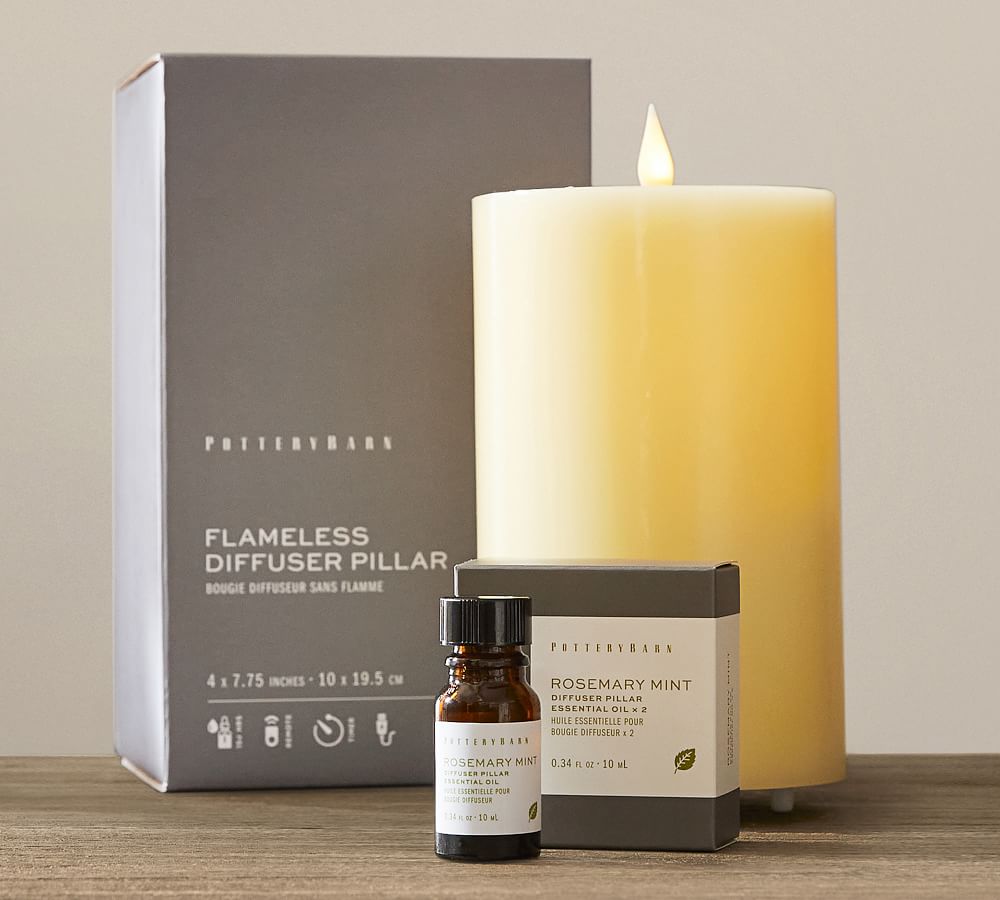 Flameless Oil Diffuser Pillar Candle with Remote + Scented Oil Set